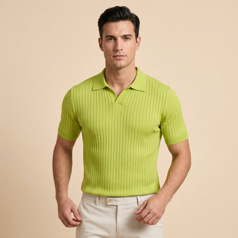 Mens Ice Silk Striped Half-Zip Polo Shirt Slim Fit Knitwear - Green