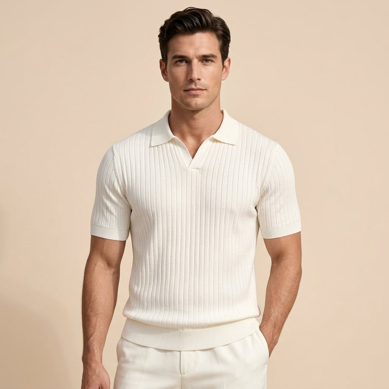 Mens Ice Silk Striped Half-Zip Polo Shirt Slim Fit Knitwear - White