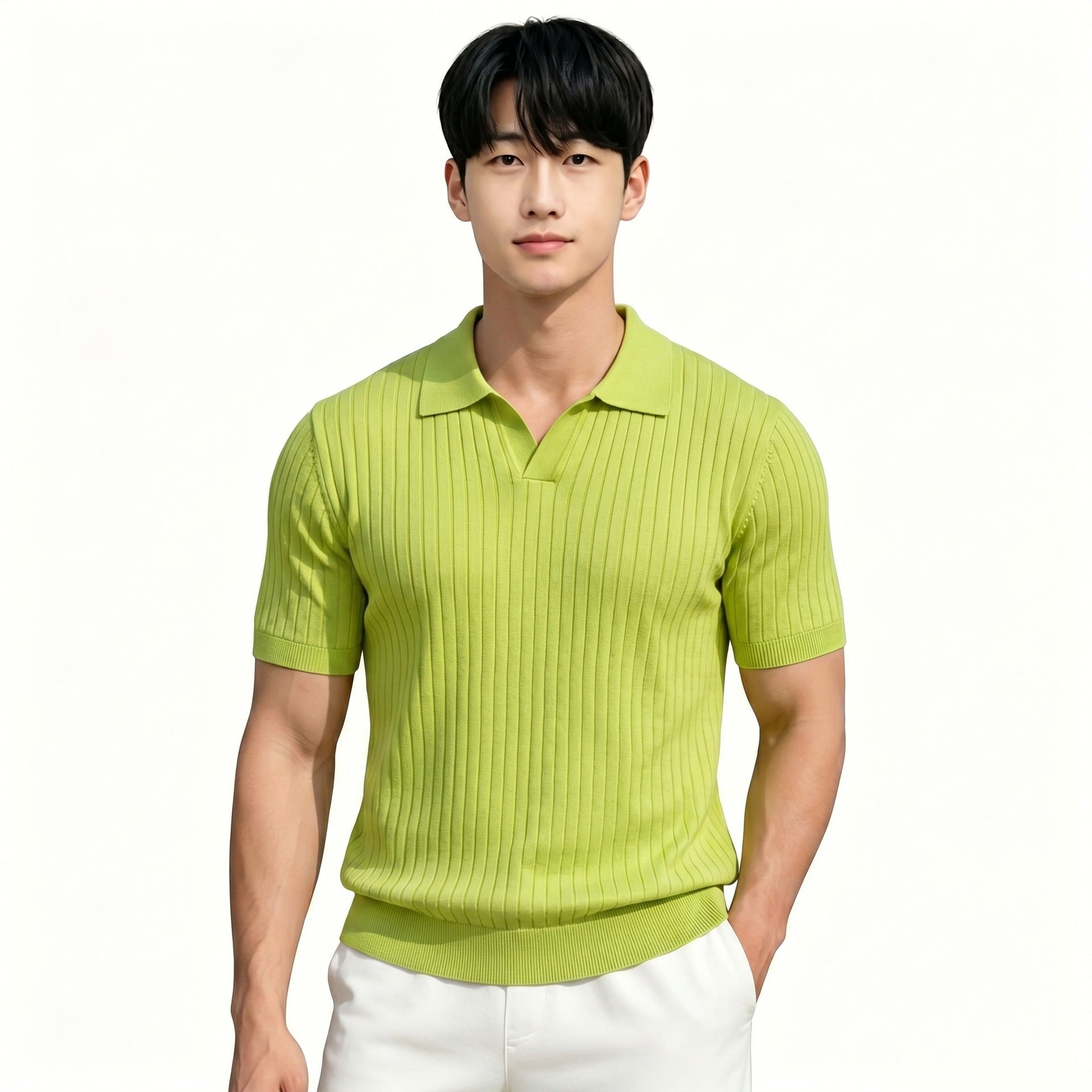 Mens Ice Silk Striped Half-Zip Polo Shirt Slim Fit Knitwear