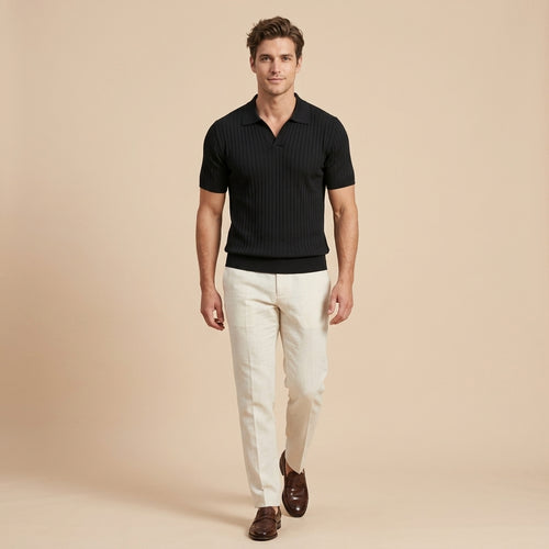 Mens Ice Silk Striped Half-Zip Polo Shirt Slim Fit Knitwear
