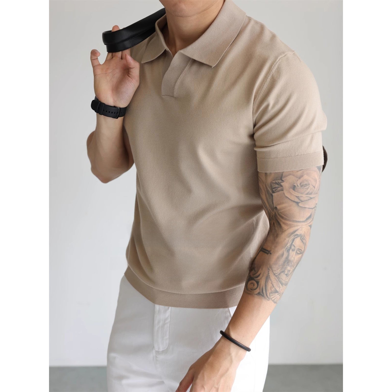 Mens V-Neck Short Sleeve Knit Polo Shirt