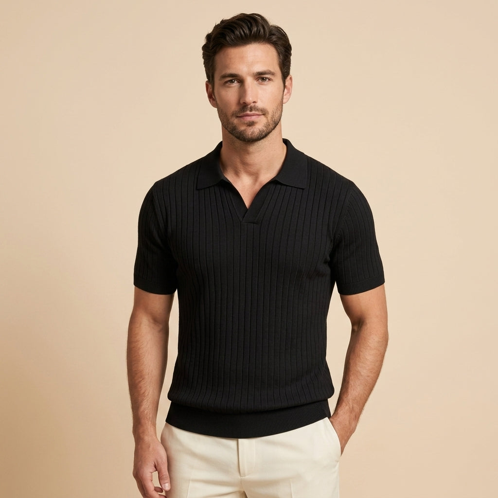 Mens Ice Silk Striped Half-Zip Polo Shirt Slim Fit Knitwear