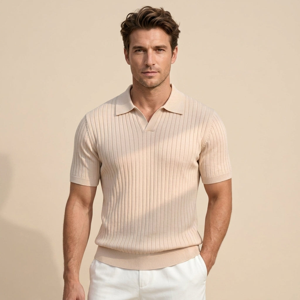 Mens Ice Silk Striped Half-Zip Polo Shirt Slim Fit Knitwear