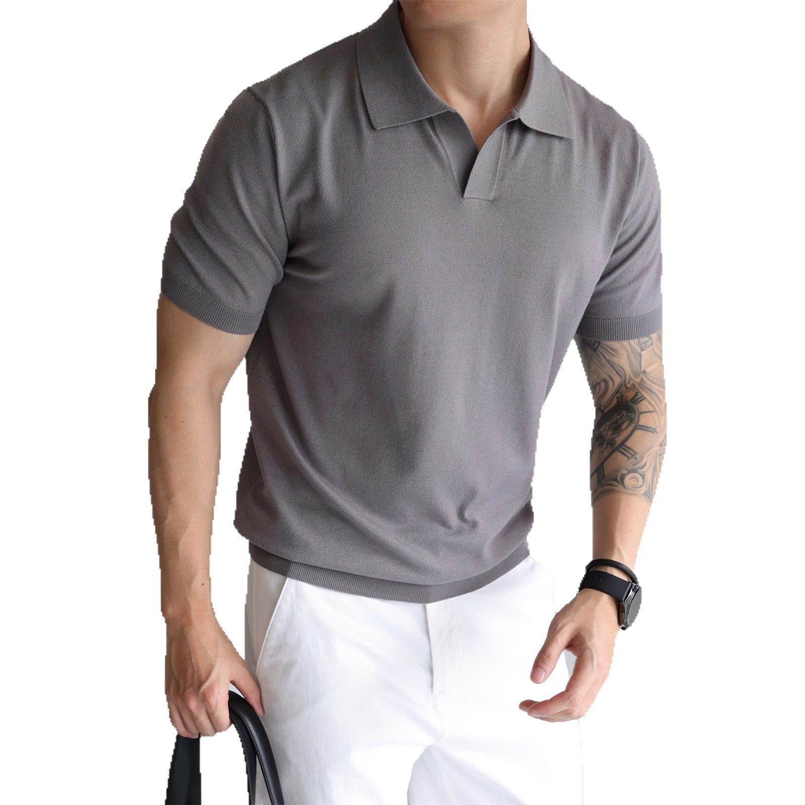 Mens V-Neck Short Sleeve Knit Polo Shirt