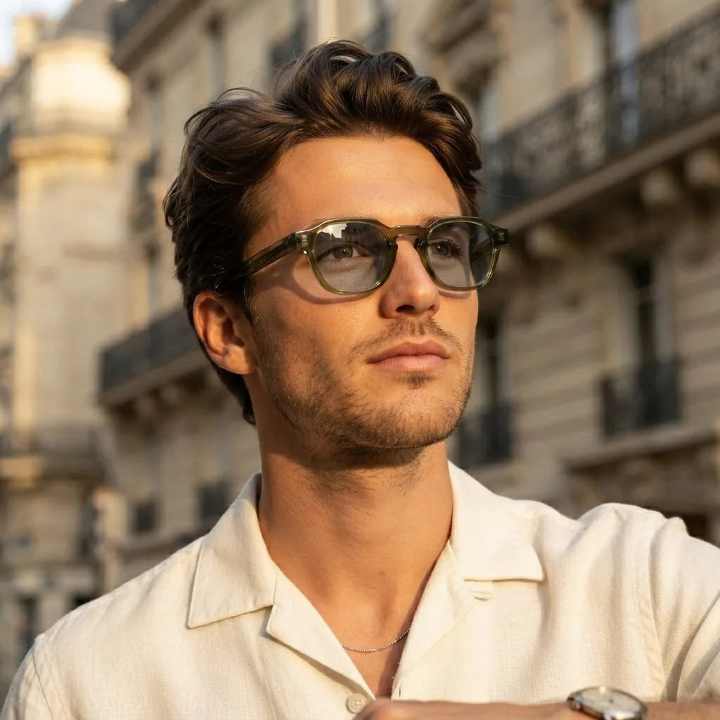 Le Carré olive porté (homme 25 ans)