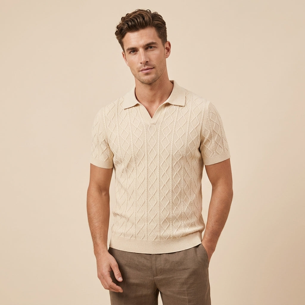 Mens Textured V-Neck Polo Shirt