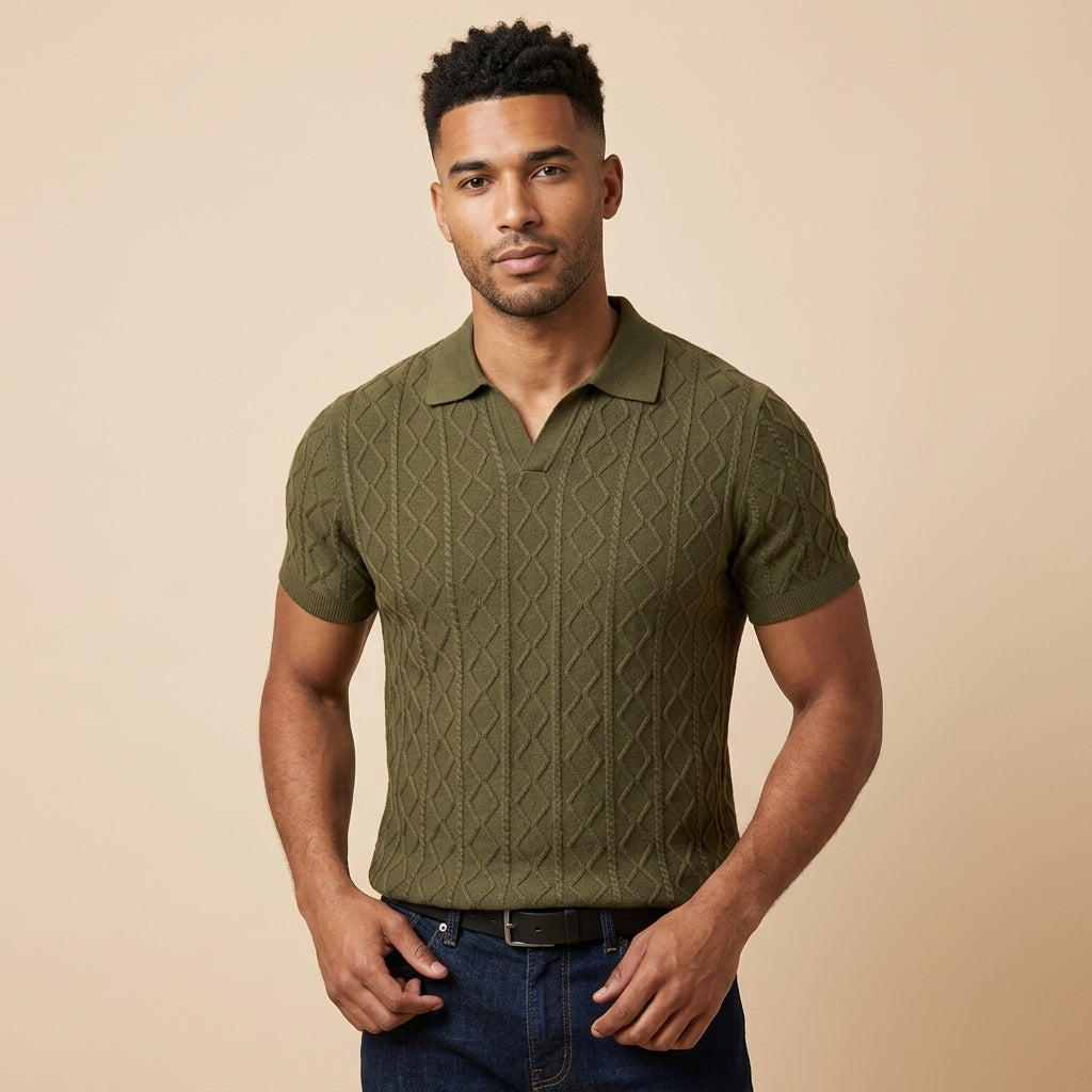 Mens Textured V-Neck Polo Shirt