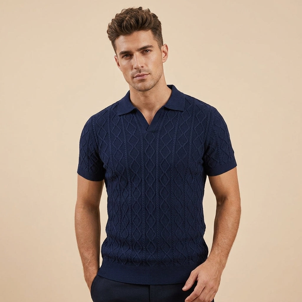 Mens Textured V-Neck Polo Shirt