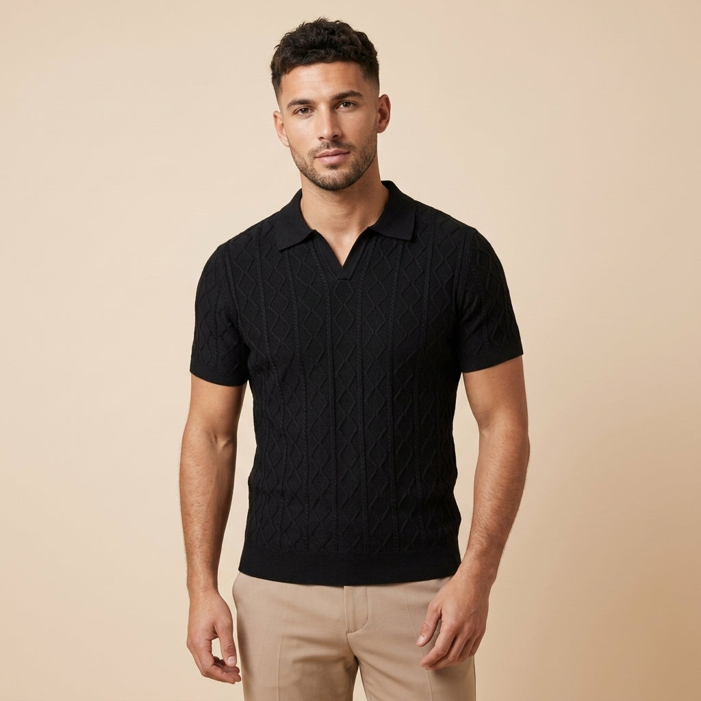 Mens Textured V-Neck Polo Shirt