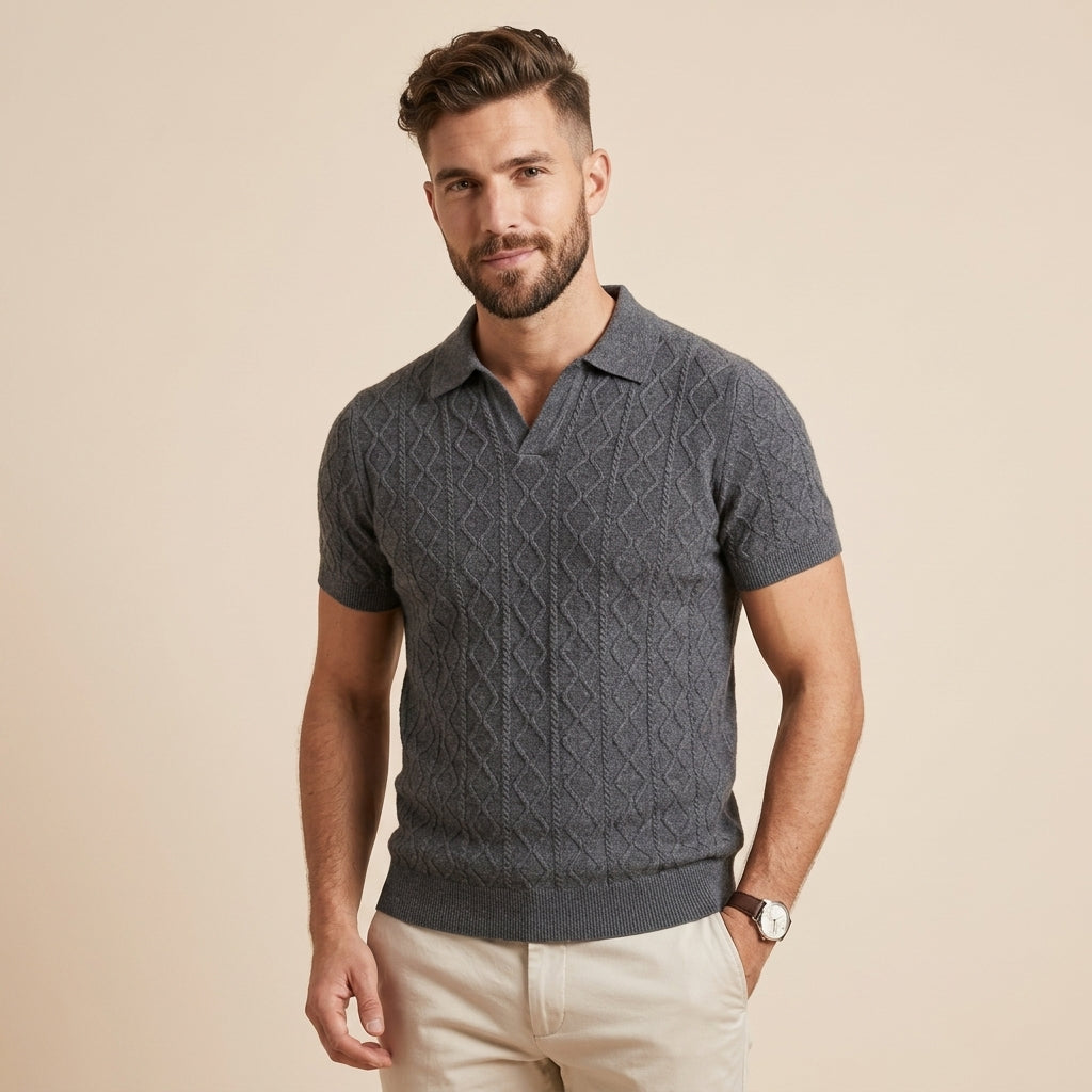 Mens Textured V-Neck Polo Shirt