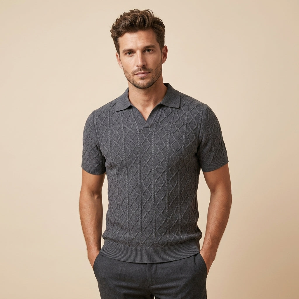 Mens Textured V-Neck Polo Shirt