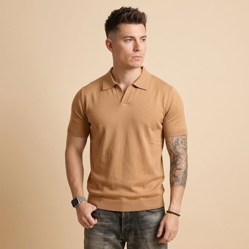 Mens V-Neck Short Sleeve Knit Polo Shirt