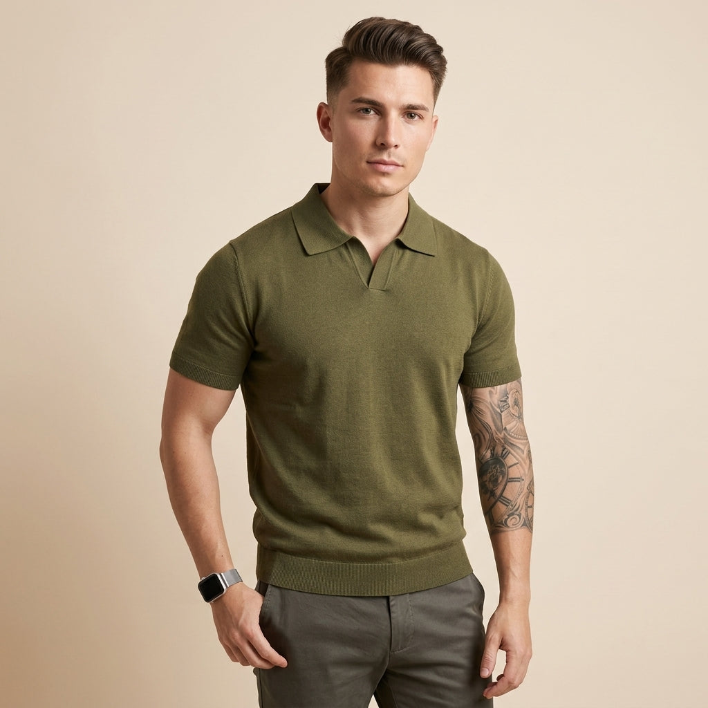 Mens V-Neck Short Sleeve Knit Polo Shirt