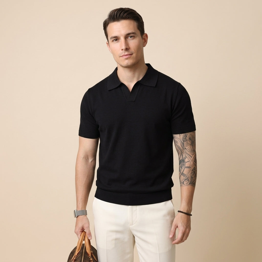 Mens V-Neck Short Sleeve Knit Polo Shirt