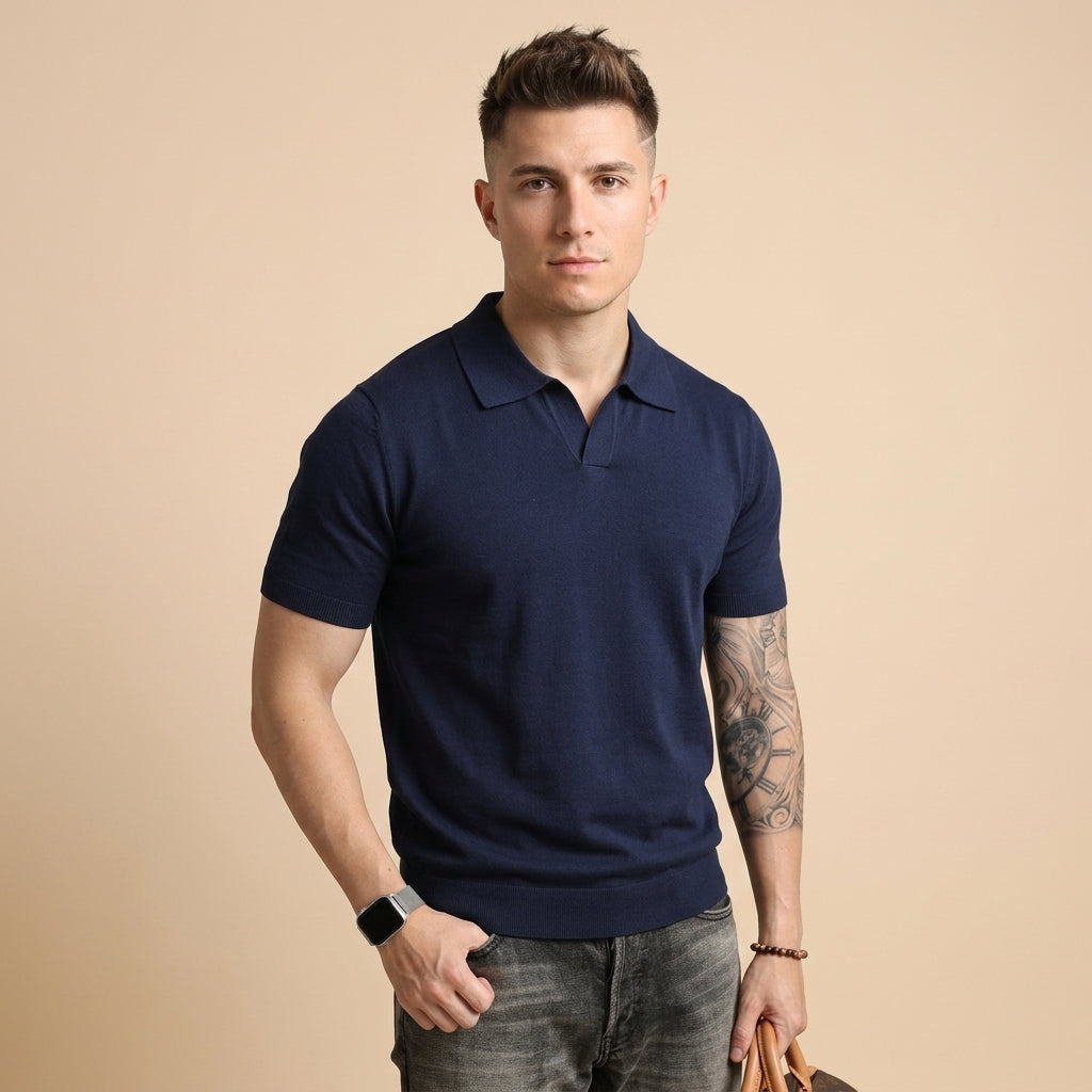 Mens V-Neck Short Sleeve Knit Polo Shirt