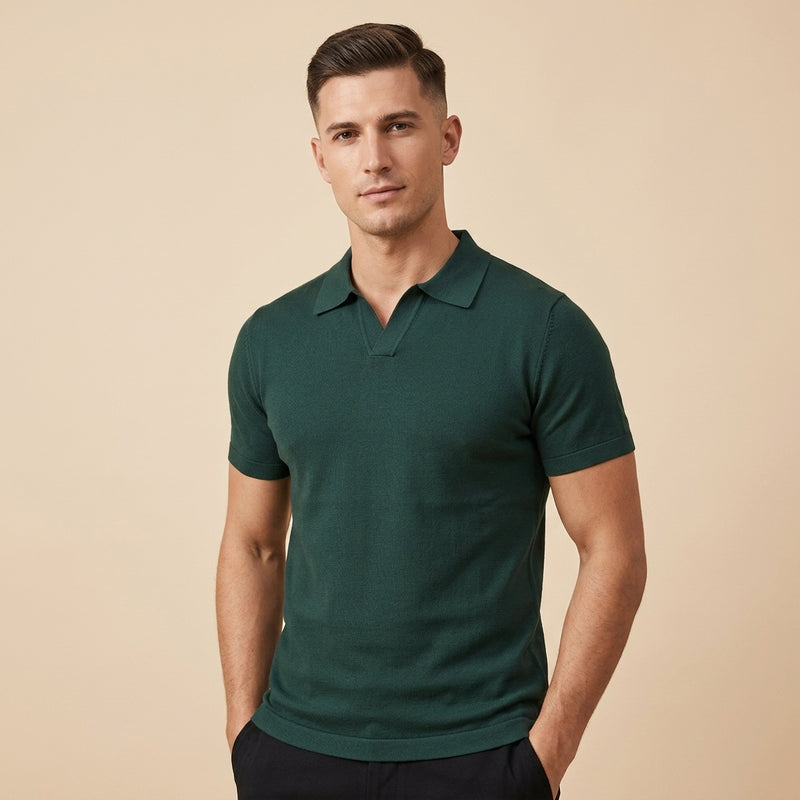 Mens V-Neck Short Sleeve Knit Polo Shirt - Army green