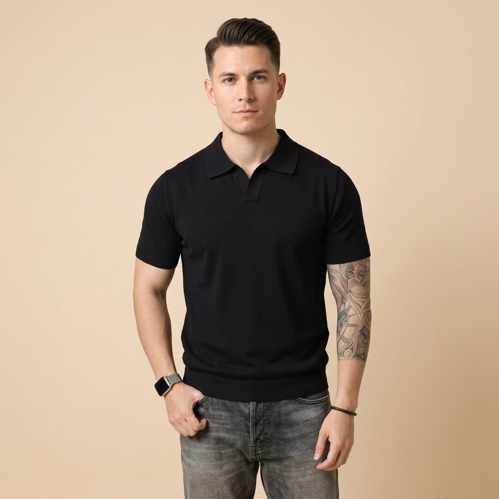 Mens V-Neck Short Sleeve Knit Polo Shirt