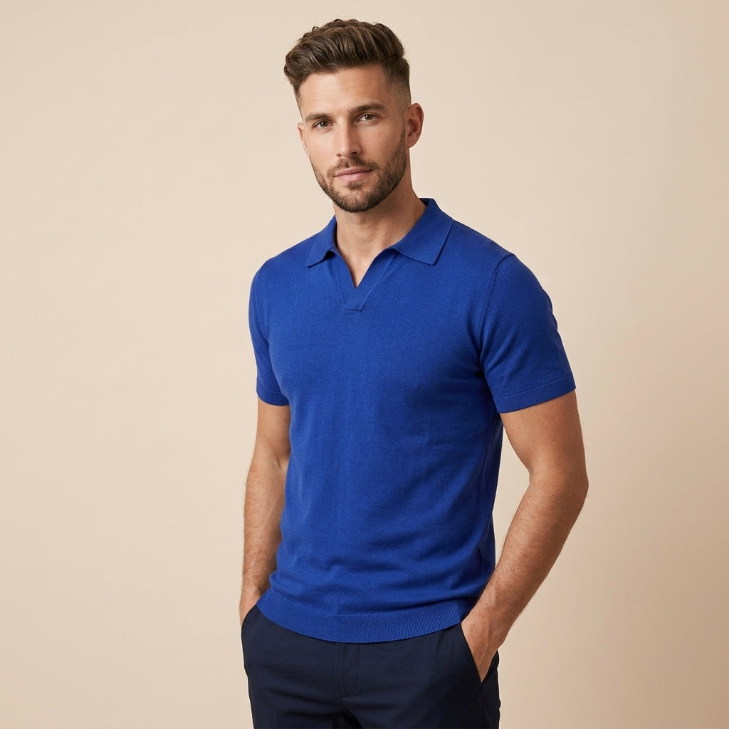 Mens V-Neck Short Sleeve Knit Polo Shirt