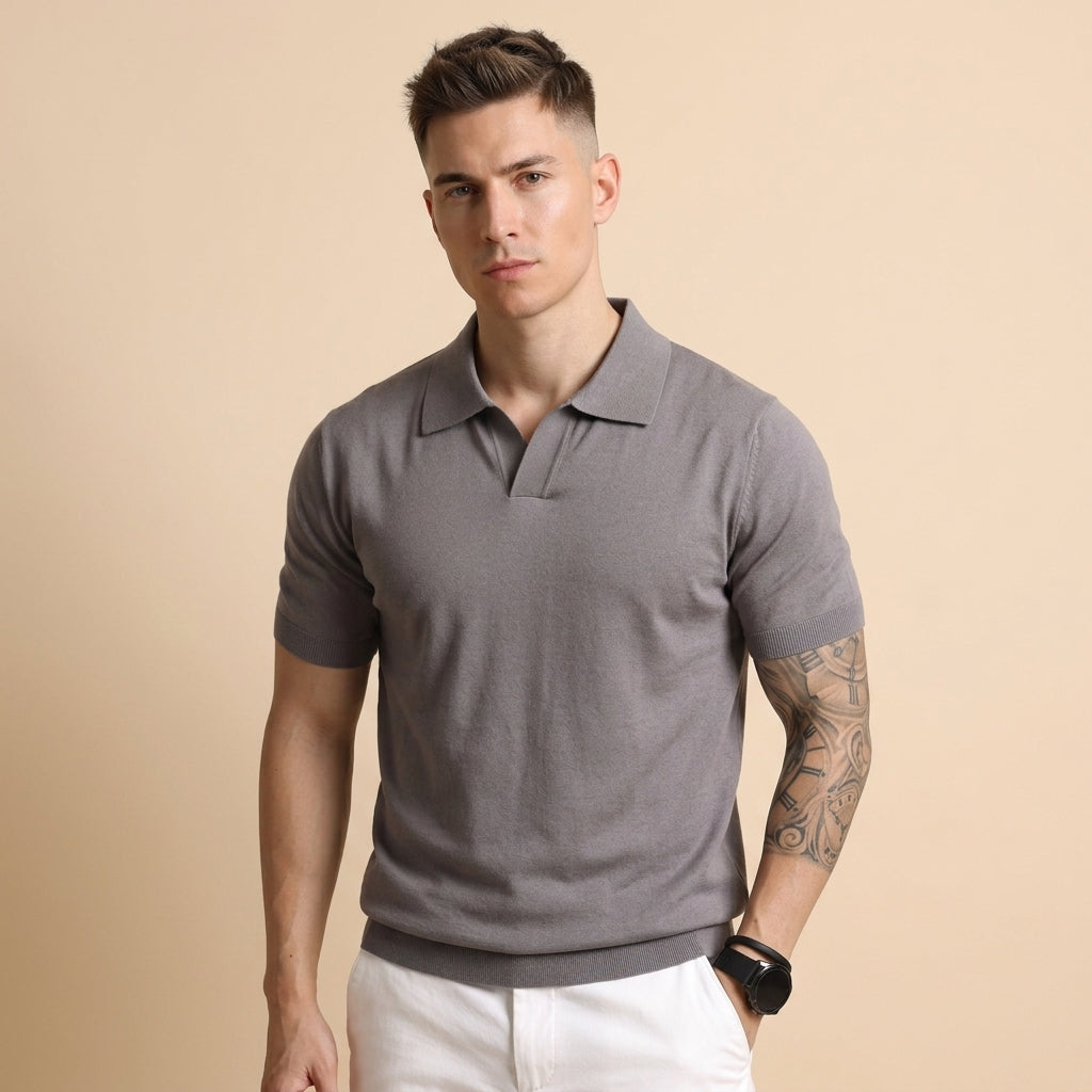 Mens V-Neck Short Sleeve Knit Polo Shirt