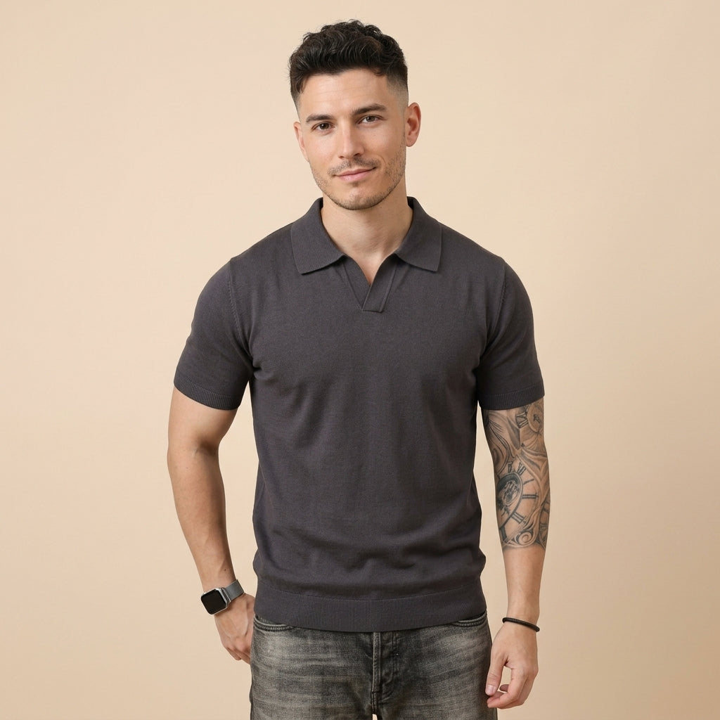 Mens V-Neck Short Sleeve Knit Polo Shirt