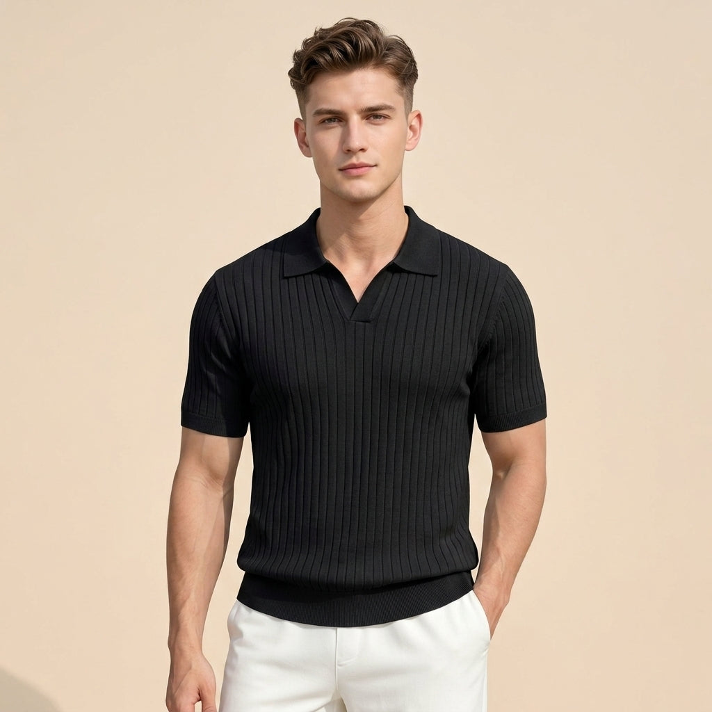 Mens Ice Silk Striped Half-Zip Polo Shirt Slim Fit Knitwear