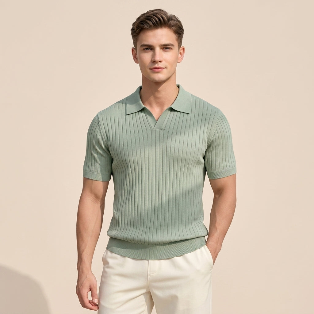 Mens Ice Silk Striped Half-Zip Polo Shirt Slim Fit Knitwear