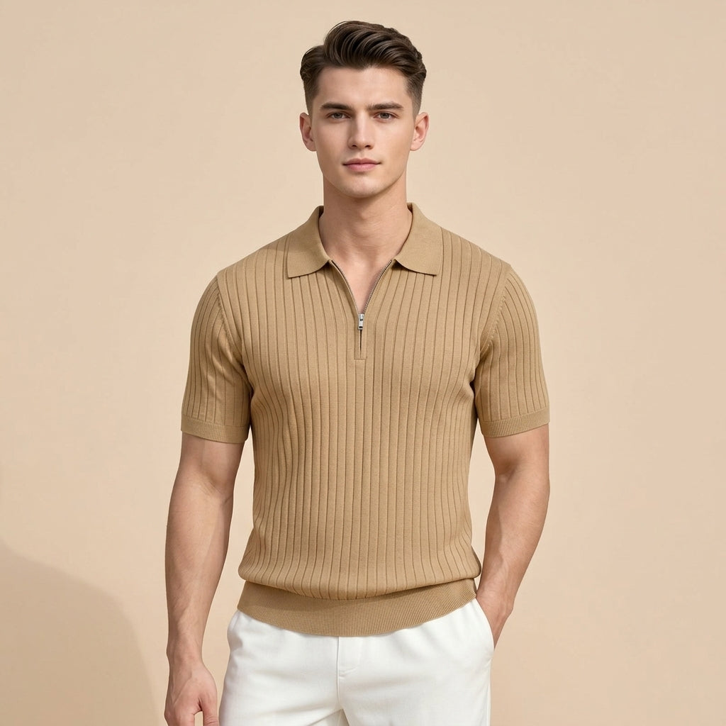 Mens Ice Silk Striped Half-Zip Polo Shirt Slim Fit Knitwear