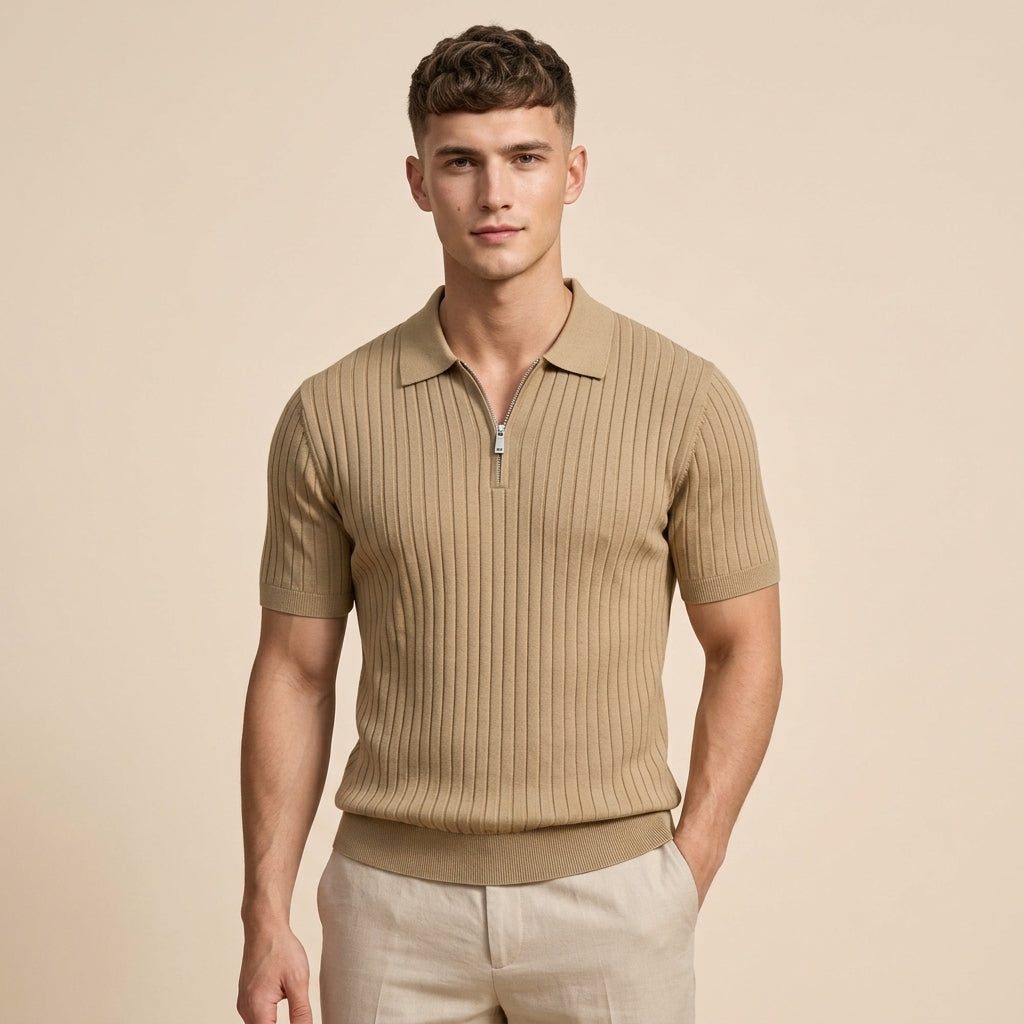 Mens Ice Silk Striped Half-Zip Polo Shirt Slim Fit Knitwear