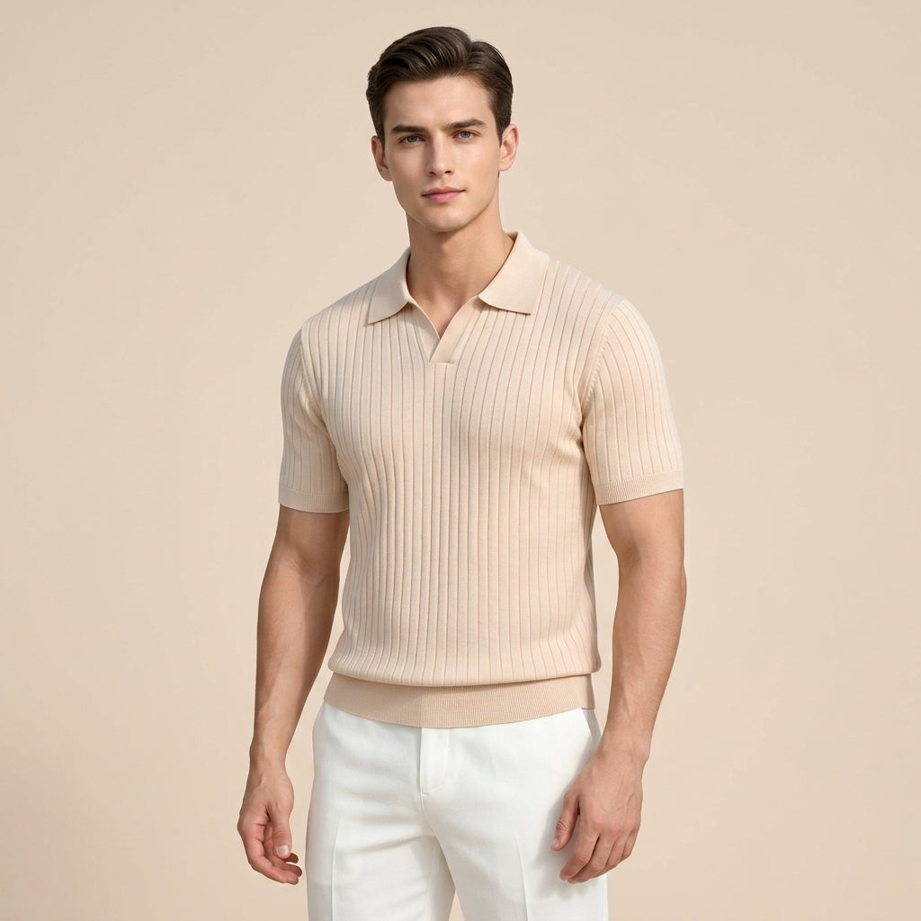 Mens Ice Silk Striped Half-Zip Polo Shirt Slim Fit Knitwear