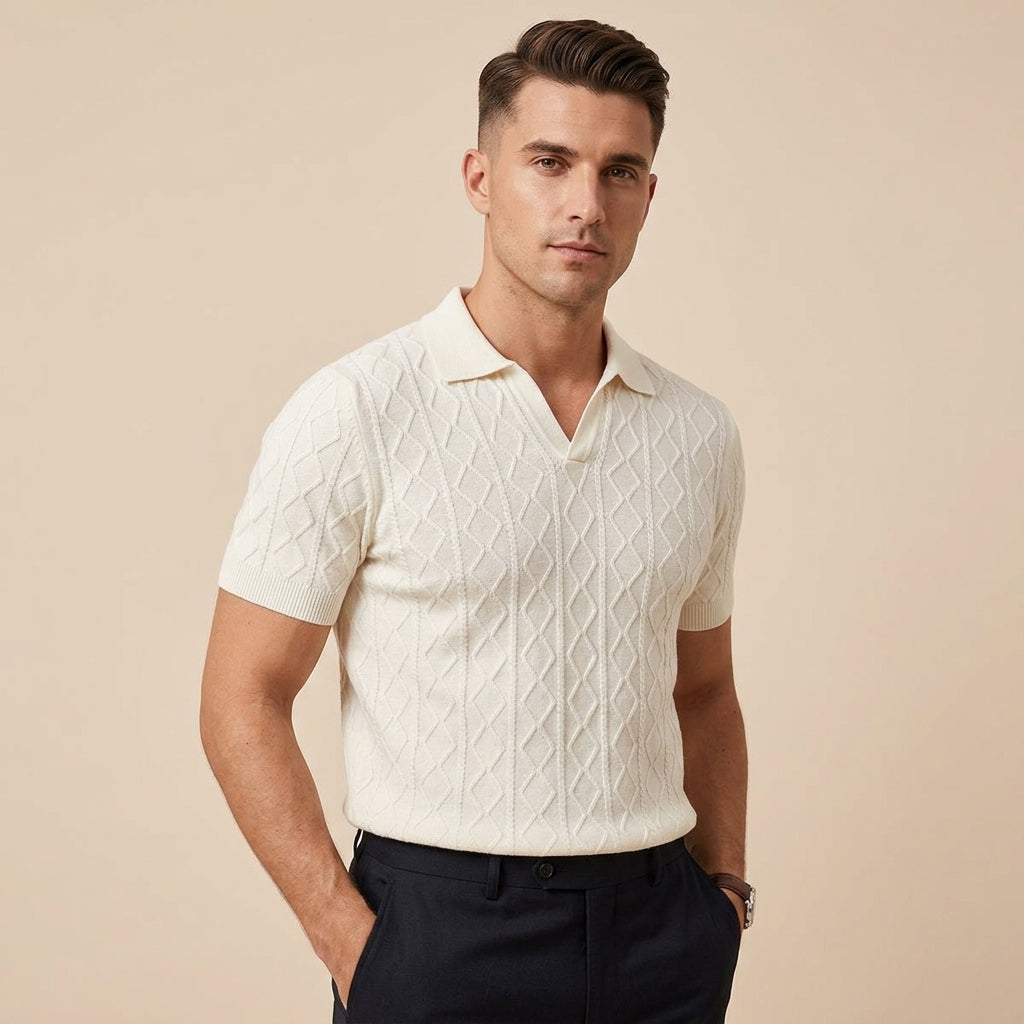 Mens Textured V-Neck Polo Shirt